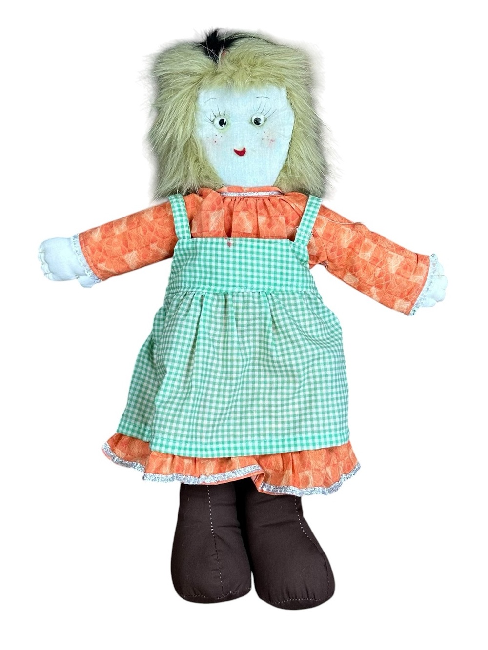 Vintage Handmade Green & Orange Gingham Dress Rag Doll - Kids Toy